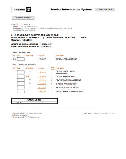 Caterpillar Cat 311B Excavator Parts Catalogue Manual PDF | S/N 8GR