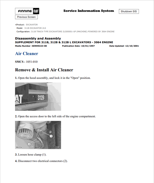 Caterpillar Cat 311B Excavator Service and Repair Manual PDF | S/N 2LS