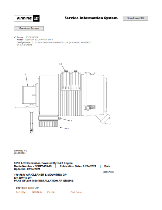 Caterpillar Cat 311D LRR Excavator Parts Catalogue Manual PDF | S/N DWR