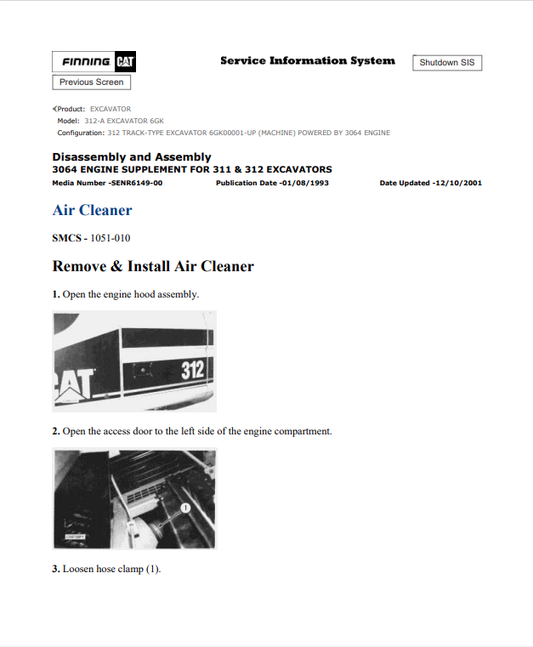 Caterpillar Cat 312-A Excavator Service and Repair Manual PDF | S/N 6GK