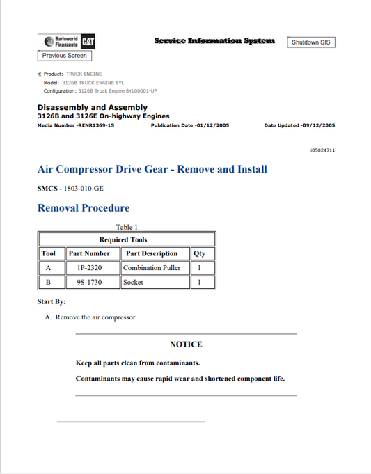 Caterpillar Cat 3126B Truck Engine Service and Repair Manual PDF | S/N 8YL