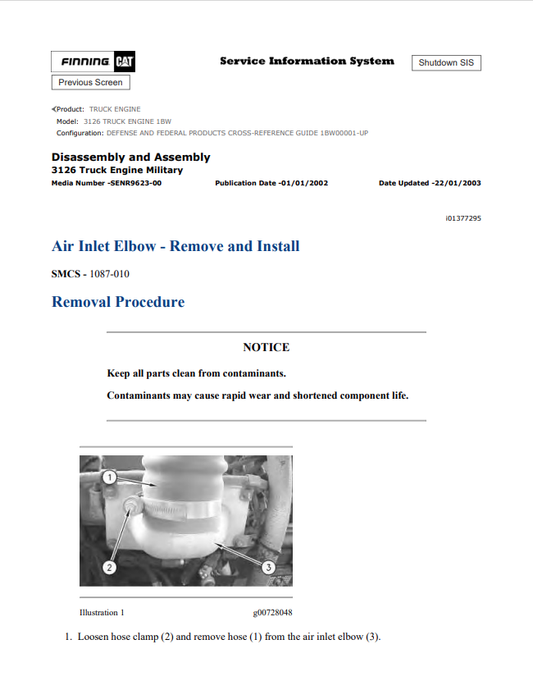 Caterpillar Cat 3126 Truck Engine Service and Repair Manual PDF | S/N 1BW