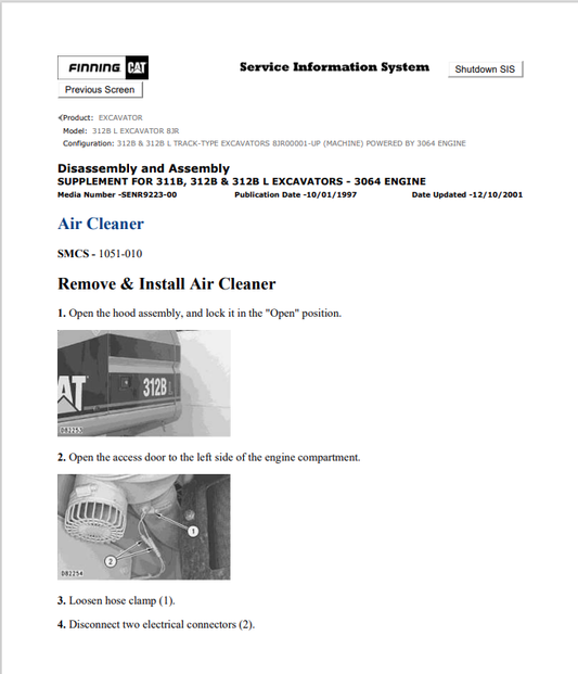 Caterpillar Cat 312B L Excavator Service and Repair Manual PDF | S/N 8JR