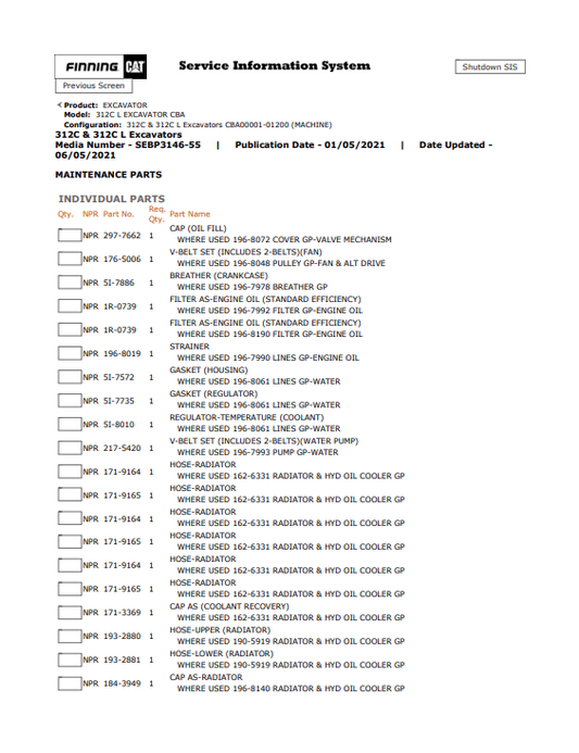 Caterpillar Cat 312C L Excavator Parts Catalogue Manual PDF | S/N CBA