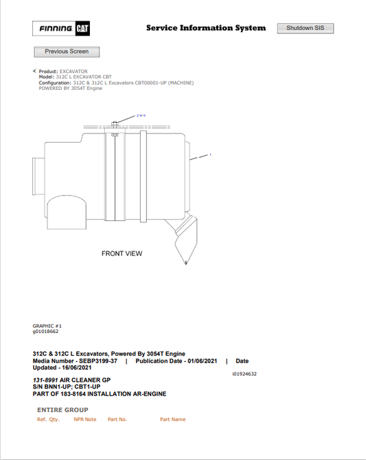 Caterpillar Cat 312C L Excavator Parts Catalogue Manual PDF | S/N CBT