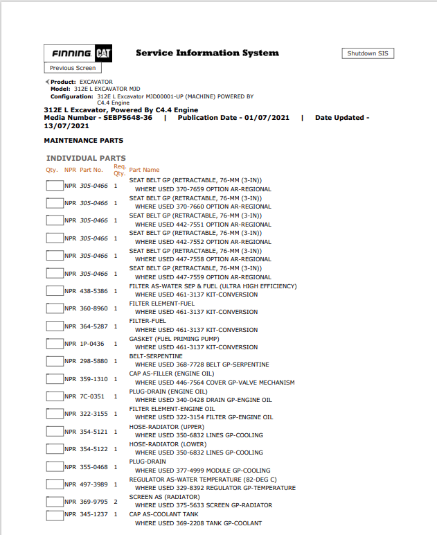 Caterpillar Cat 312E L Excavator Parts Catalogue Manual PDF | S/N MJD