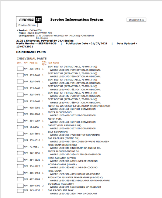 Caterpillar Cat 312E L Excavator Parts Catalogue Manual PDF | S/N MJD