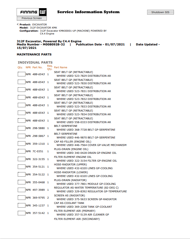 Caterpillar Cat 312F Excavator Parts Catalogue Manual PDF | S/N KMK