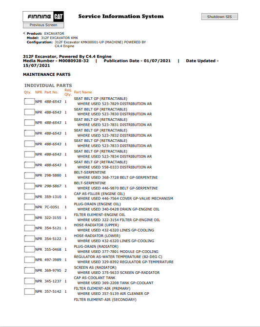 Caterpillar Cat 312F Excavator Parts Catalogue Manual PDF | S/N KMK