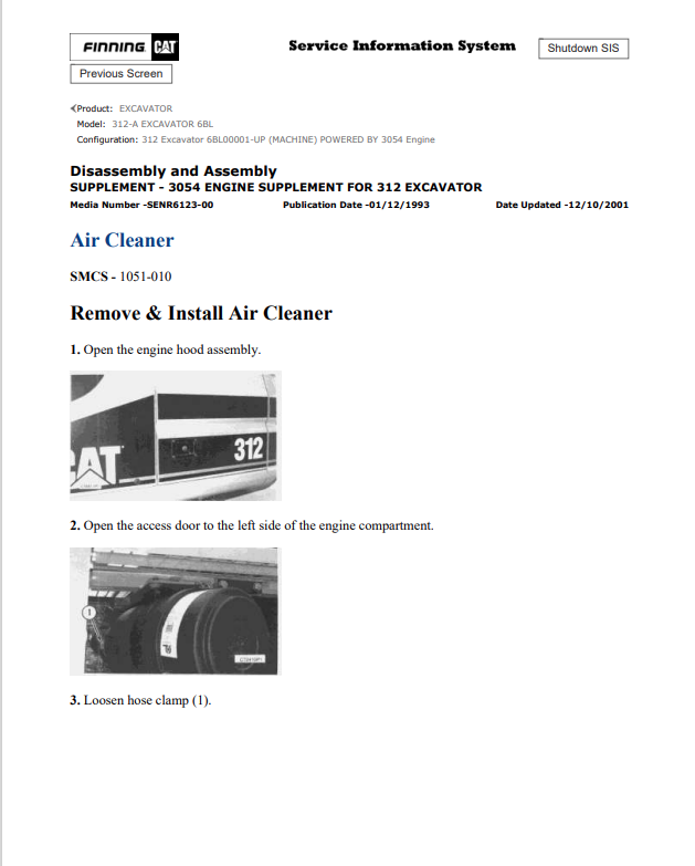 Caterpillar Cat 312, 312-A Excavator Service and Repair Manual PDF | S/N 6BL, 7DK