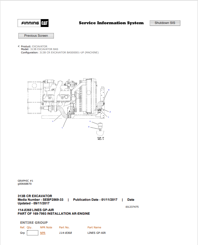 Caterpillar Cat 313B Excavator Parts Catalogue Manual PDF | S/N BAS
