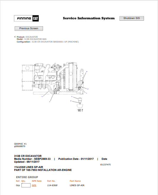 Caterpillar Cat 313B Excavator Parts Catalogue Manual PDF | S/N BAS