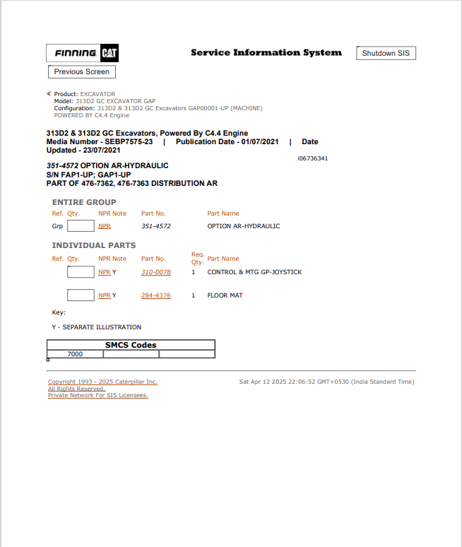 Caterpillar Cat 313D2 GC Excavator Parts Catalogue Manual PDF | S/N GAP