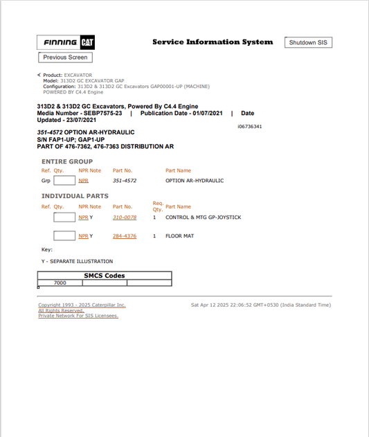 Caterpillar Cat 313D2 GC Excavator Parts Catalogue Manual PDF | S/N GAP