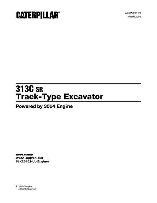 Caterpillar Cat 313 SR Track-type Excavator Parts Catalogue Manual PDF | S/N WSA