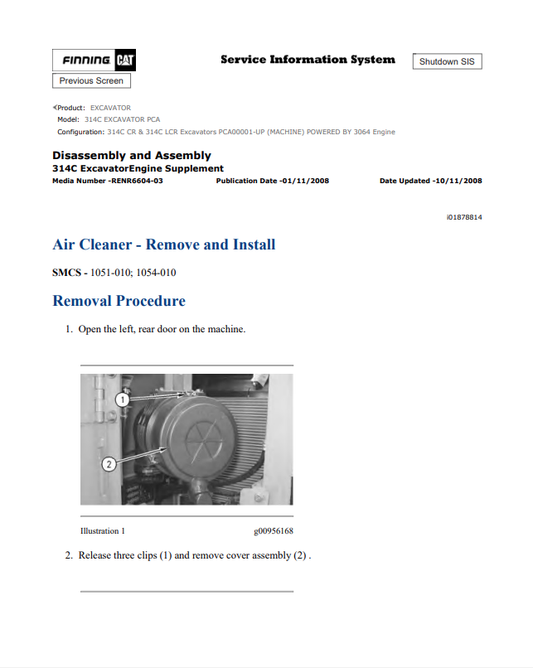 Caterpillar Cat 314C Excavator Service and Repair Manual PDF | S/N PCA