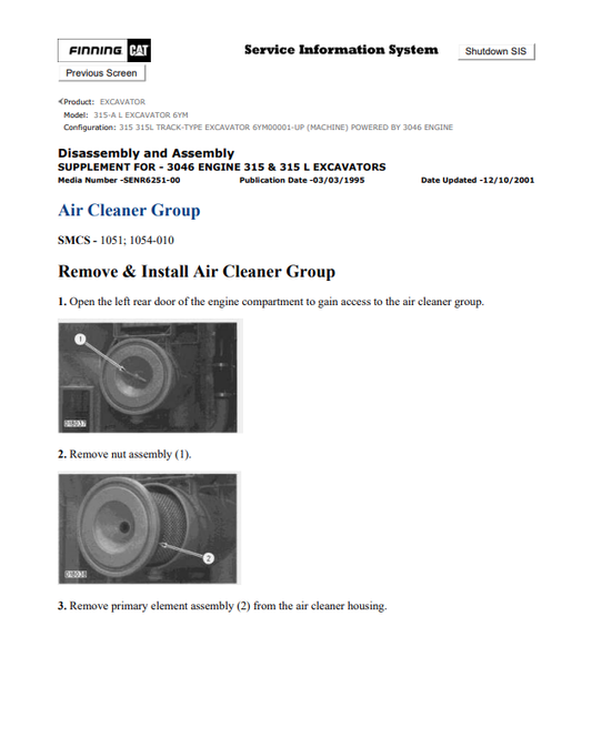Caterpillar Cat 315-A L Excavator Service and Repair Manual PDF | S/N 6YM