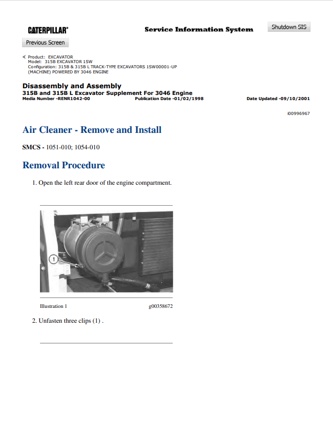 Caterpillar Cat 315B Excavator Service and Repair Manual PDF | S/N 1SW