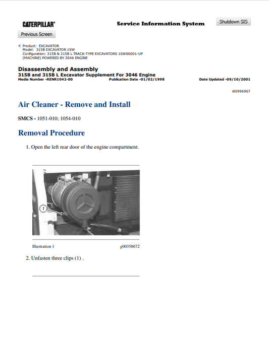 Caterpillar Cat 315B Excavator Service and Repair Manual PDF | S/N 1SW