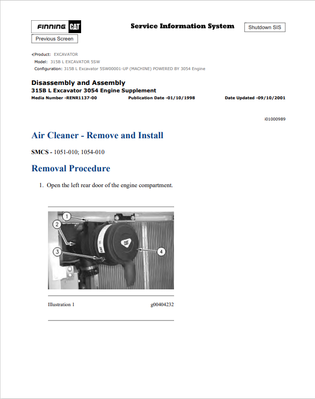 Caterpillar Cat 315B L Excavator Service and Repair Manual PDF | S/N 5SW