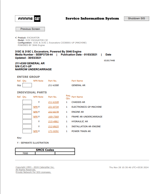 Caterpillar Cat 315C Excavator Parts Catalogue Manual PDF | S/N CJC