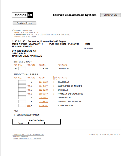 Caterpillar Cat 315C Excavator Parts Catalogue Manual PDF | S/N CJC