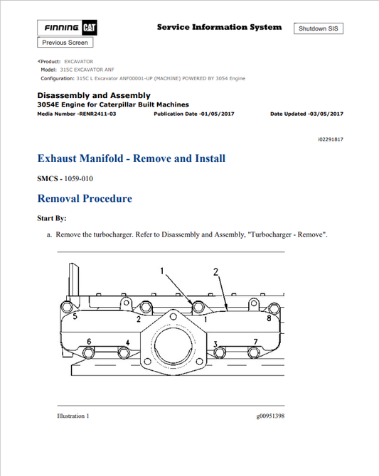 Caterpillar Cat 315C Excavator Service and Repair Manual PDF | S/N ANF