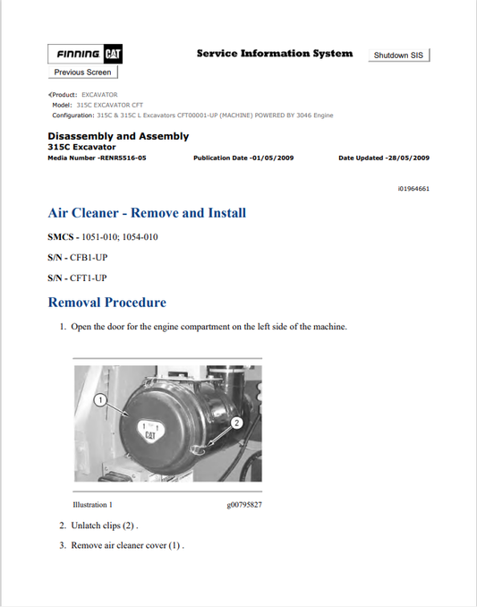 Caterpillar Cat 315C Excavator Service and Repair Manual PDF | S/N CFT