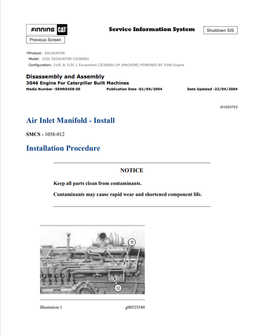 Caterpillar Cat 315C Excavator Service and Repair Manual PDF | S/N CJC00001