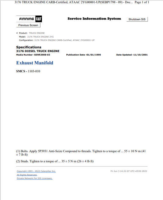 Caterpillar Cat 3176 Truck Engine Service and Repair Manual PDF | S/N 2YG