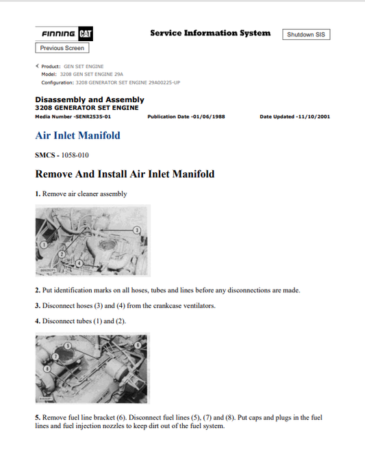 Caterpillar Cat 3208 Gen Set Engine Service And Repair Manual PDF | S/N 29A