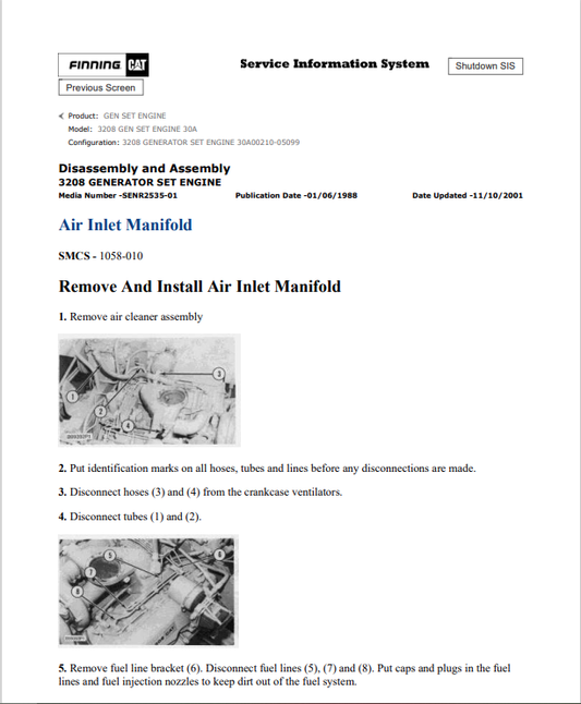 Caterpillar Cat 3208 Gen Set Engine Service And Repair Manual PDF | S/N 30A