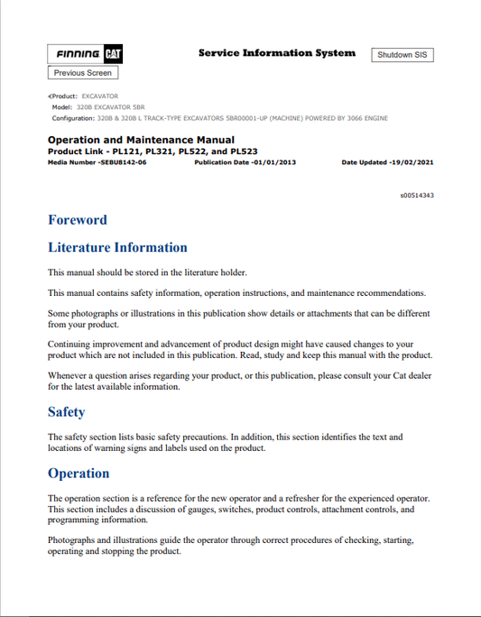 Caterpillar Cat 320B Excavator Operation and Maintenance Manual PDF | S/N 5BR