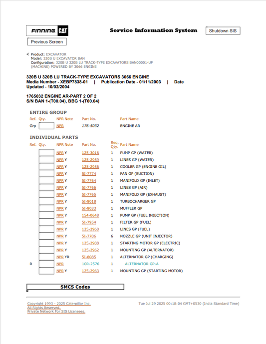 Caterpillar Cat 320B U Excavator Parts Catalogue Manual PDF | S/N 8GZ, BAN