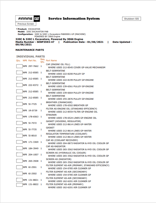 Caterpillar Cat 320C Excavator Parts Catalogue Manual PDF | S/N PAB