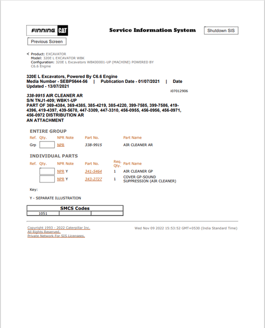 Caterpillar Cat 320E L Excavator Parts Catalogue Manual PDF | S/N WBK