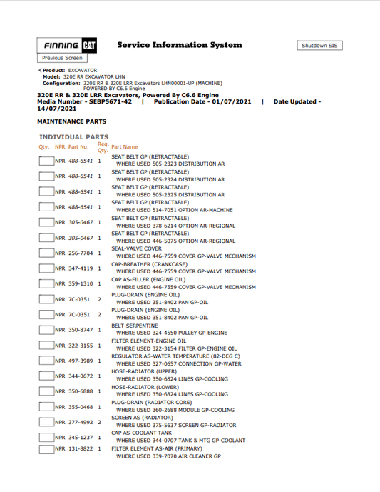 Caterpillar Cat 320E RR Excavator Parts Catalogue Manual PDF | S/N LHN
