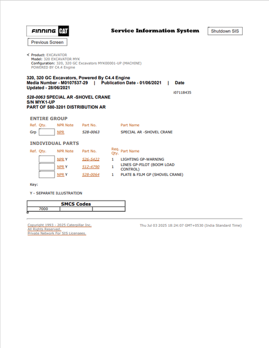 Caterpillar Cat 320 Excavator Parts Catalogue Manual PDF | S/N MYK