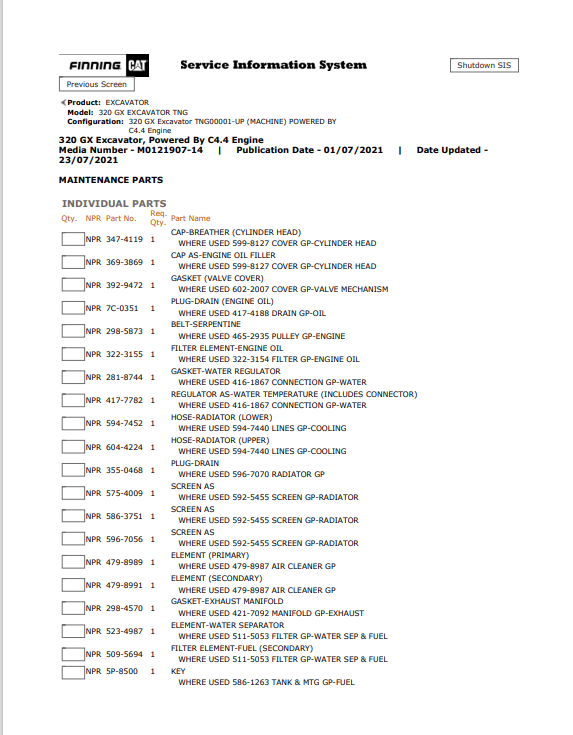 Caterpillar Cat 320 GX Excavator Parts Catalogue Manual PDF | S/N TNG