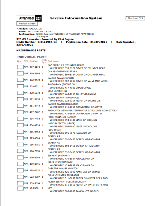 Caterpillar Cat 320 GX Excavator Parts Catalogue Manual PDF | S/N TNG