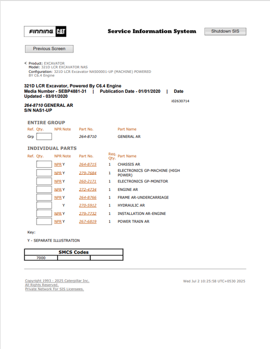 Caterpillar Cat 321D LCR Excavator Parts Catalogue Manual PDF | S/N NAS