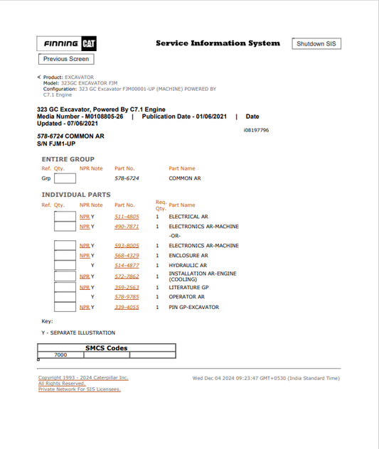Caterpillar Cat 323GC Excavator Parts Catalogue Manual PDF | S/N FJM