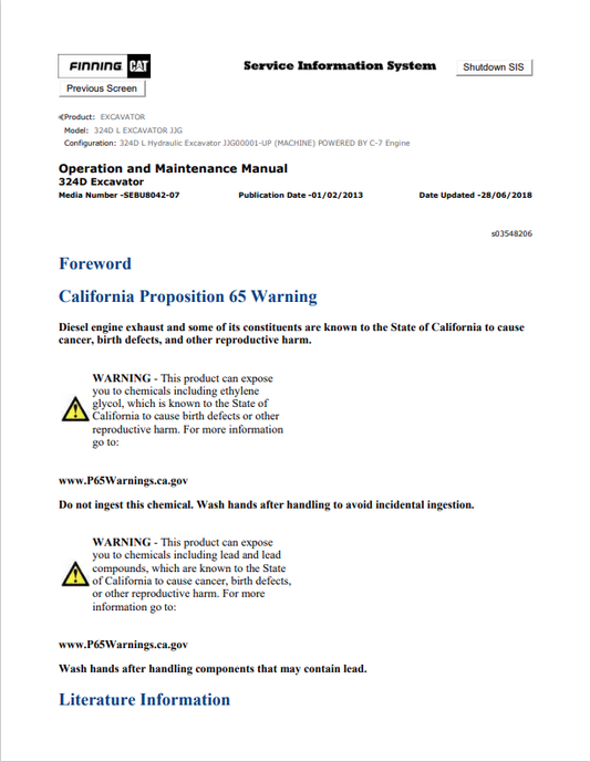 Caterpillar Cat 324D L Excavator Operation and Maintenance Manual PDF | S/N JJG