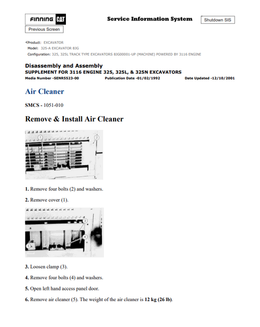 Caterpillar Cat 325-A Excavator Service and Repair Manual PDF | S/N 8JG