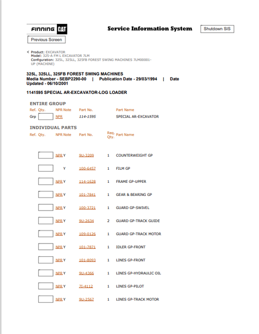 Caterpillar Cat 325-A FM L Excavator Service and Repair Manual PDF | S/N 7LM