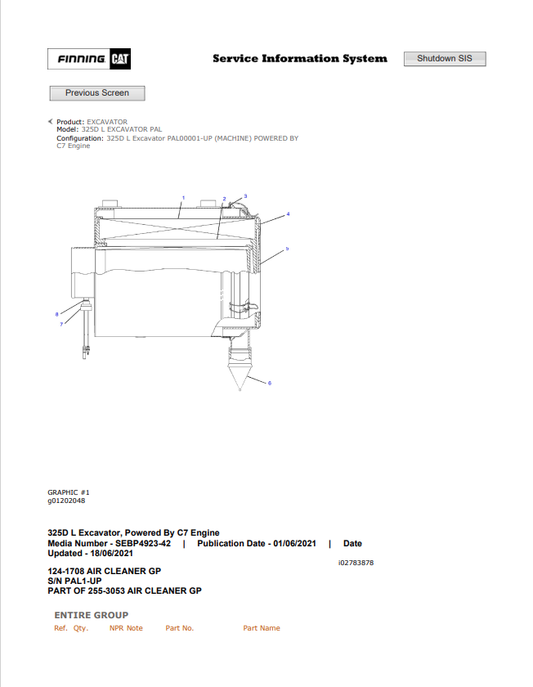 Caterpillar Cat 325D L Excavator Parts Catalogue Manual PDF | S/N PAL
