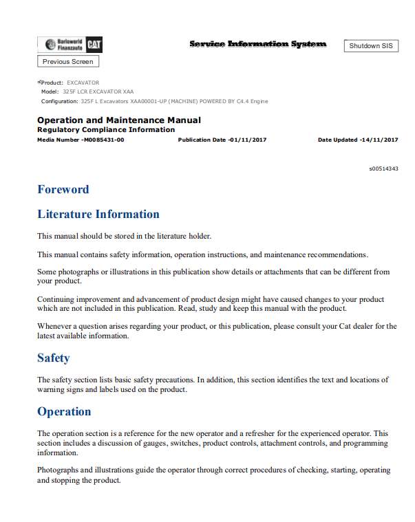 Caterpillar Cat 325F LCR Excavator Operation and Maintenance Manual PDF | S/N XAA