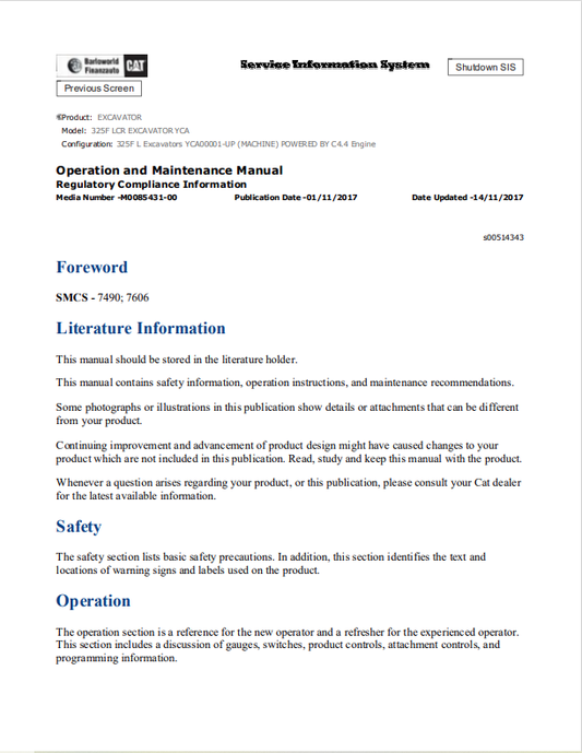 Caterpillar Cat 325F LCR Excavator Operation and Maintenance Manual PDF | S/N YCA