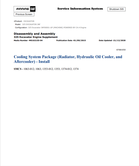 Caterpillar Cat 325 Excavator Service and Repair Manual PDF | S/N JNF
