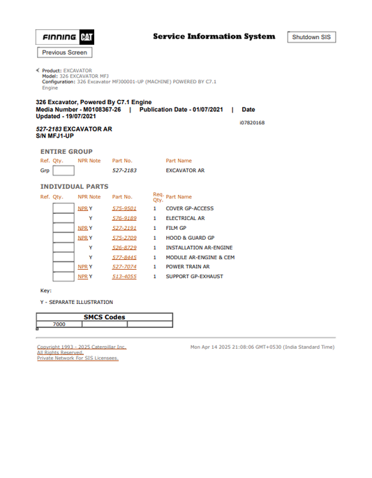 Caterpillar Cat 326 Excavator Parts Catalogue Manual PDF | S/N MFJ